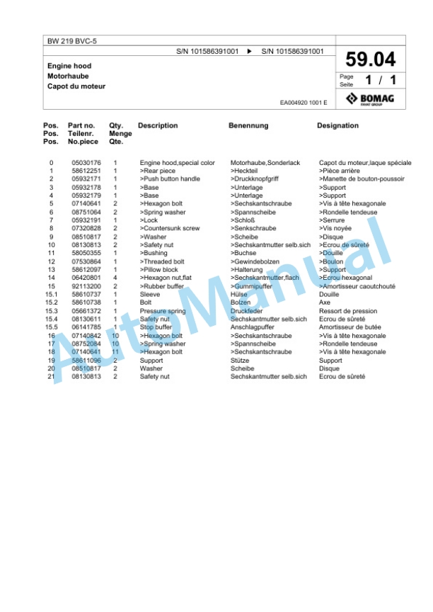 Bomag BW 219 BVC-5 Single Drum Wheel Drive Vibratory Roller Spare Parts Catalogue 00824831 2 Bomag BW 219 BVC-5 Single Drum Wheel Drive Vibratory Roller Spare Parts Catalogue 00824831-2