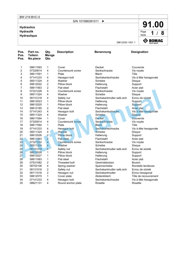 Bomag BW 219 BVC-5 Single Drum Wheel Drive Vibratory Roller Spare Parts Catalogue 00824831 3 Bomag BW 219 BVC-5 Single Drum Wheel Drive Vibratory Roller Spare Parts Catalogue 00824831-3