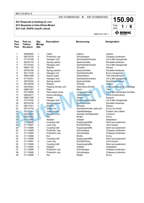 Bomag BW 219 BVC-5 Single Drum Wheel Drive Vibratory Roller Spare Parts Catalogue 00824831 5 Bomag BW 219 BVC-5 Single Drum Wheel Drive Vibratory Roller Spare Parts Catalogue 00824831-5