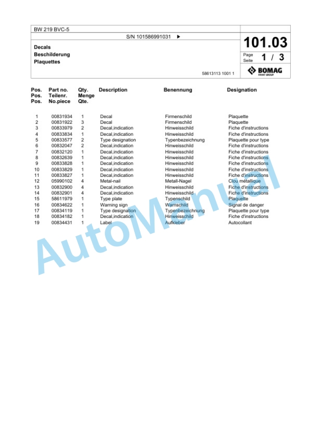 Bomag BW 219 BVC-5 Single Drum Wheel Drive Vibratory Roller Spare Parts Catalogue 00825707 3 Bomag BW 219 BVC-5 Single Drum Wheel Drive Vibratory Roller Spare Parts Catalogue 00825707-3