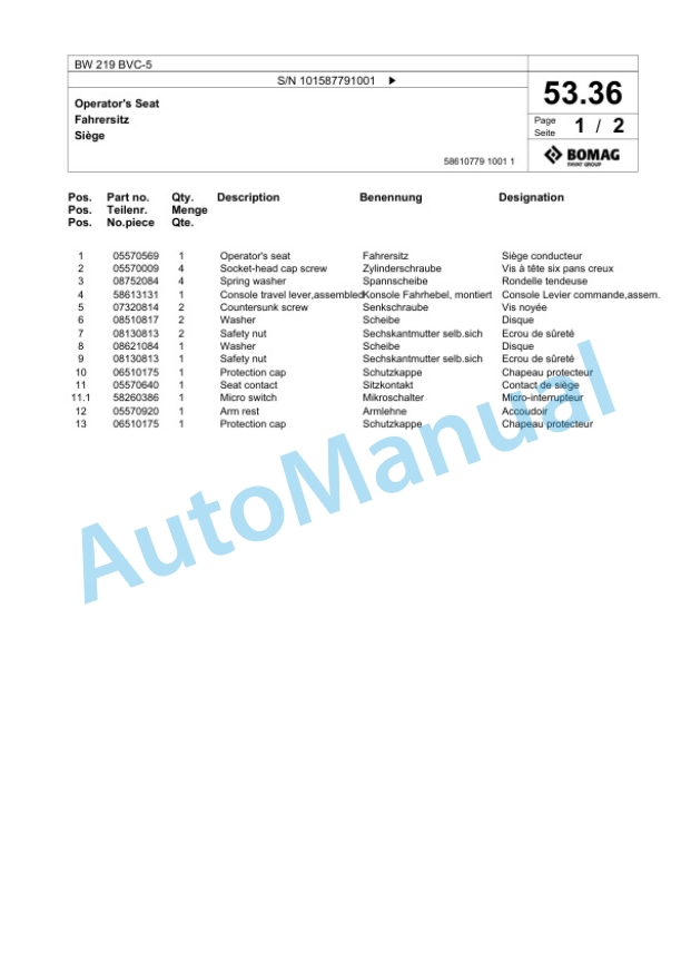 Bomag BW 219 BVC-5 Single Drum Wheel Drive Vibratory Roller Spare Parts Catalogue 00826787 2 Bomag BW 219 BVC-5 Single Drum Wheel Drive Vibratory Roller Spare Parts Catalogue 00826787-2