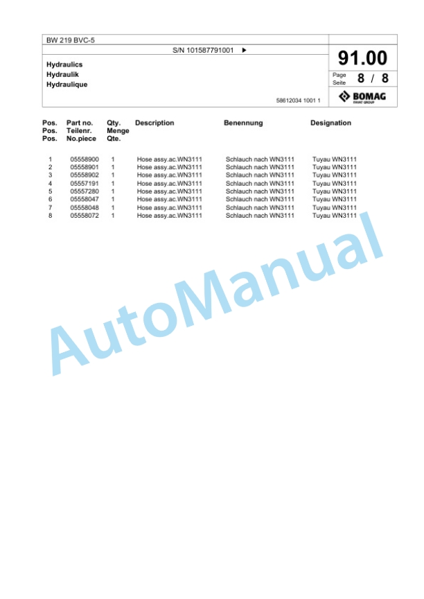 Bomag BW 219 BVC-5 Single Drum Wheel Drive Vibratory Roller Spare Parts Catalogue 00826787 3 Bomag BW 219 BVC-5 Single Drum Wheel Drive Vibratory Roller Spare Parts Catalogue 00826787-3