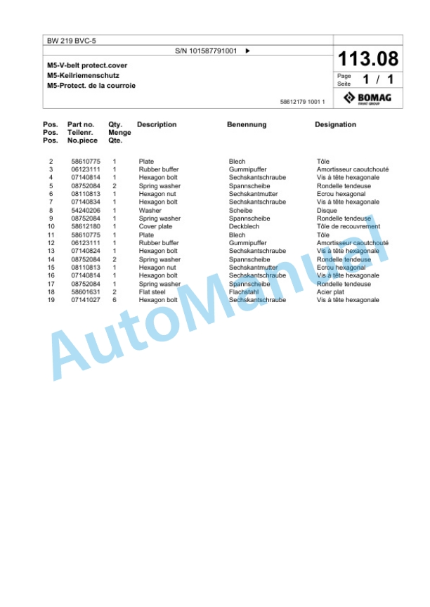 Bomag BW 219 BVC-5 Single Drum Wheel Drive Vibratory Roller Spare Parts Catalogue 00826787 4 Bomag BW 219 BVC-5 Single Drum Wheel Drive Vibratory Roller Spare Parts Catalogue 00826787-4