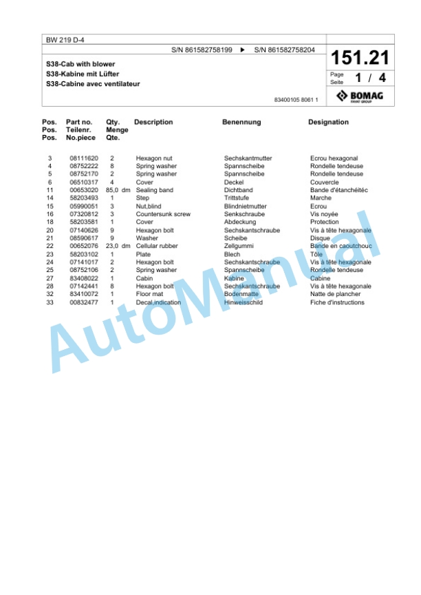 Bomag BW 219 D-4 Single Drum Wheel Drive Vibratory Roller Spare Parts Catalogue 00818373 4 Bomag BW 219 D-4 Single Drum Wheel Drive Vibratory Roller Spare Parts Catalogue 00818373-4