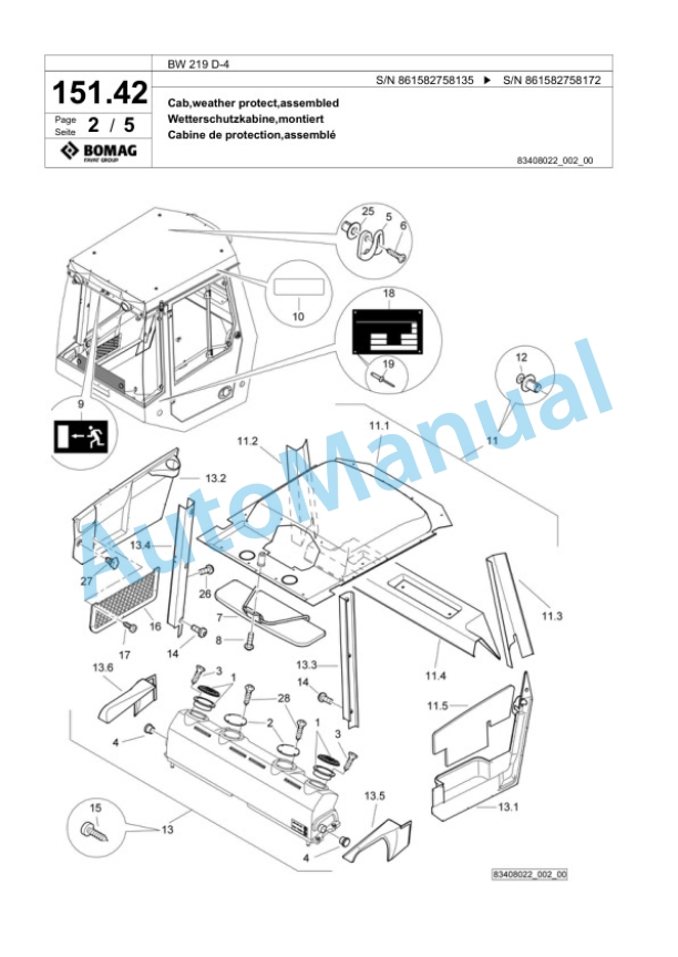 Bomag BW 219 D-4 Single Drum Wheel Drive Vibratory Roller Spare Parts Catalogue 00818373 5 Bomag BW 219 D-4 Single Drum Wheel Drive Vibratory Roller Spare Parts Catalogue 00818373-5