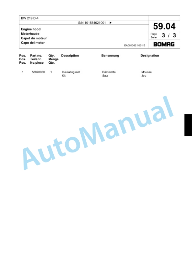 Bomag BW 219 D-4 Single Drum Wheel Drive Vibratory Roller Spare Parts Catalogue 00818853 2 Bomag BW 219 D-4 Single Drum Wheel Drive Vibratory Roller Spare Parts Catalogue 00818853-2