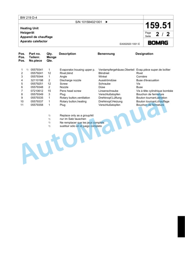 Bomag BW 219 D-4 Single Drum Wheel Drive Vibratory Roller Spare Parts Catalogue 00818853 5 Bomag BW 219 D-4 Single Drum Wheel Drive Vibratory Roller Spare Parts Catalogue 00818853-5