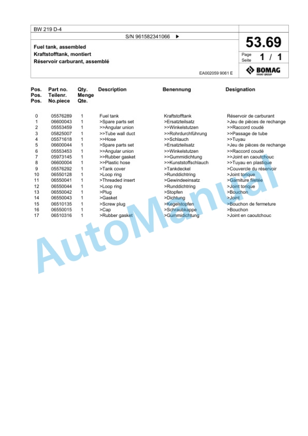Bomag BW 219 D-4 Single Drum Wheel Drive Vibratory Roller Spare Parts Catalogue 00826179 2 Bomag BW 219 D-4 Single Drum Wheel Drive Vibratory Roller Spare Parts Catalogue 00826179-2