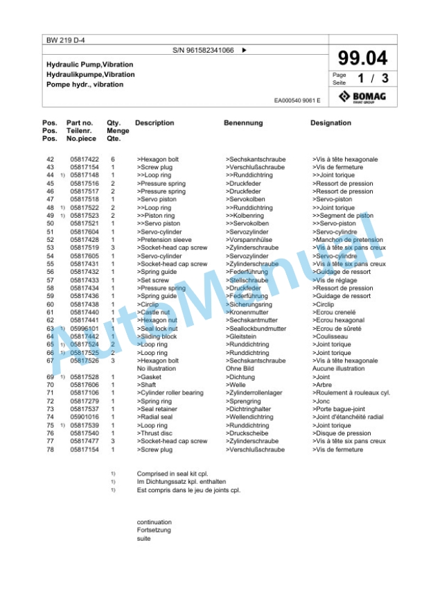 Bomag BW 219 D-4 Single Drum Wheel Drive Vibratory Roller Spare Parts Catalogue 00826179 3 Bomag BW 219 D-4 Single Drum Wheel Drive Vibratory Roller Spare Parts Catalogue 00826179-3