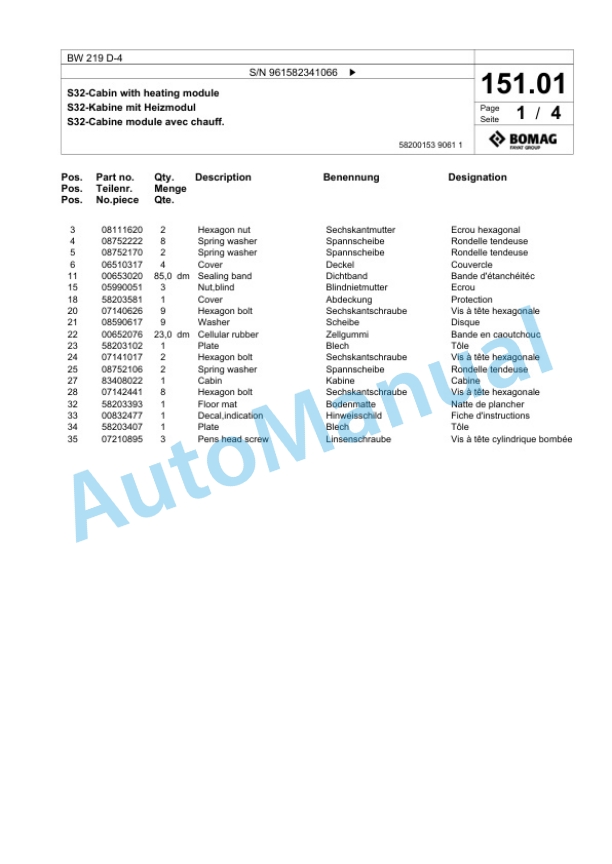 Bomag BW 219 D-4 Single Drum Wheel Drive Vibratory Roller Spare Parts Catalogue 00826179 4 Bomag BW 219 D-4 Single Drum Wheel Drive Vibratory Roller Spare Parts Catalogue 00826179-4
