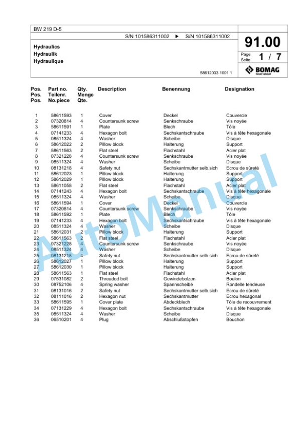 Bomag BW 219 D-5 Single Drum Wheel Drive Vibratory Roller Spare Parts Catalogue 00824829 3 Bomag BW 219 D-5 Single Drum Wheel Drive Vibratory Roller Spare Parts Catalogue 00824829-3