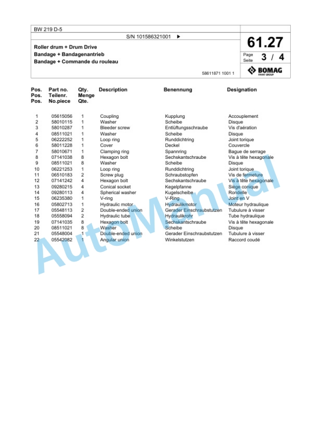 Bomag BW 219 D-5 Single Drum Wheel Drive Vibratory Roller Spare Parts Catalogue 00824873 2 Bomag BW 219 D-5 Single Drum Wheel Drive Vibratory Roller Spare Parts Catalogue 00824873-2