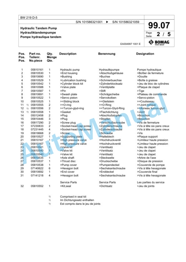 Bomag BW 219 D-5 Single Drum Wheel Drive Vibratory Roller Spare Parts Catalogue 00824873 3 Bomag BW 219 D-5 Single Drum Wheel Drive Vibratory Roller Spare Parts Catalogue 00824873-3