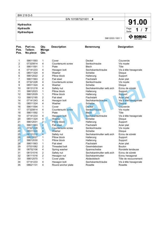 Bomag BW 219 D-5 Single Drum Wheel Drive Vibratory Roller Spare Parts Catalogue 00825849 3 Bomag BW 219 D-5 Single Drum Wheel Drive Vibratory Roller Spare Parts Catalogue 00825849-3