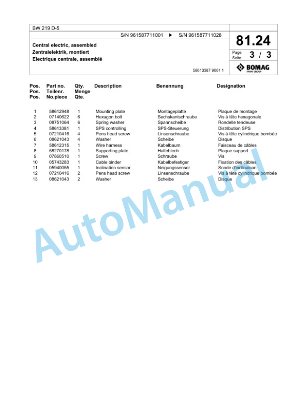 Bomag BW 219 D-5 Single Drum Wheel Drive Vibratory Roller Spare Parts Catalogue 00826687 2 Bomag BW 219 D-5 Single Drum Wheel Drive Vibratory Roller Spare Parts Catalogue 00826687-2