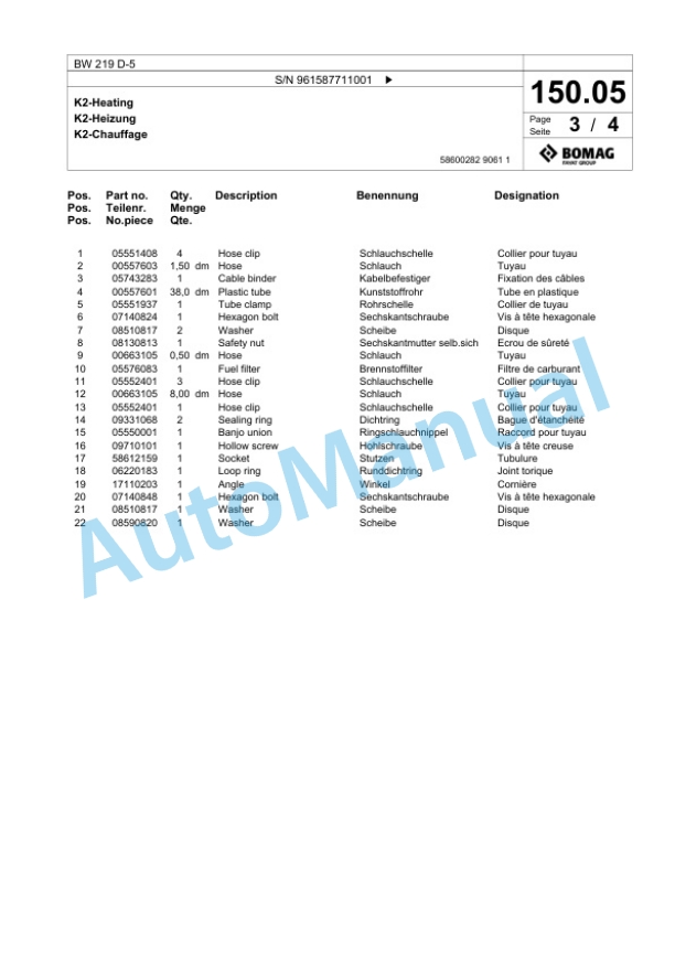 Bomag BW 219 D-5 Single Drum Wheel Drive Vibratory Roller Spare Parts Catalogue 00826687 3 Bomag BW 219 D-5 Single Drum Wheel Drive Vibratory Roller Spare Parts Catalogue 00826687-3