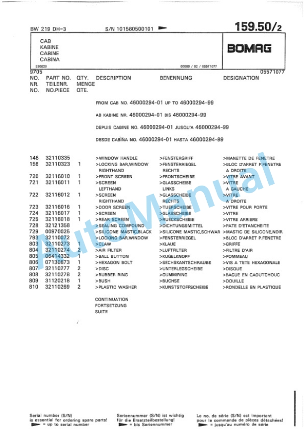 Bomag BW 219 DH-3 Single Drum Wheel Drive Vibratory Roller Spare Parts Catalogue 00815350-3