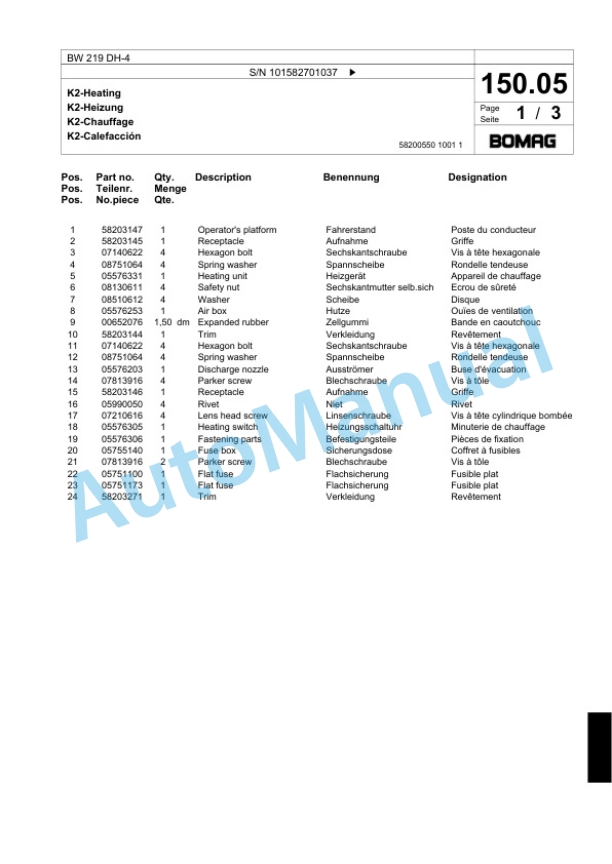 Bomag BW 219 DH-4 Single Drum Wheel Drive Vibratory Roller Spare Parts Catalogue 00817799 3 Bomag BW 219 DH-4 Single Drum Wheel Drive Vibratory Roller Spare Parts Catalogue 00817799-3