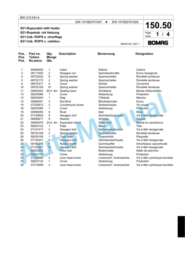 Bomag BW 219 DH-4 Single Drum Wheel Drive Vibratory Roller Spare Parts Catalogue 00817799 4 Bomag BW 219 DH-4 Single Drum Wheel Drive Vibratory Roller Spare Parts Catalogue 00817799-4