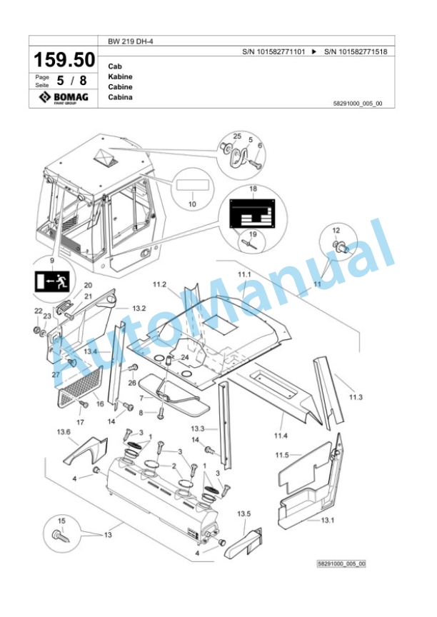 Bomag BW 219 DH-4 Single Drum Wheel Drive Vibratory Roller Spare Parts Catalogue 00818163 5 Bomag BW 219 DH-4 Single Drum Wheel Drive Vibratory Roller Spare Parts Catalogue 00818163-5