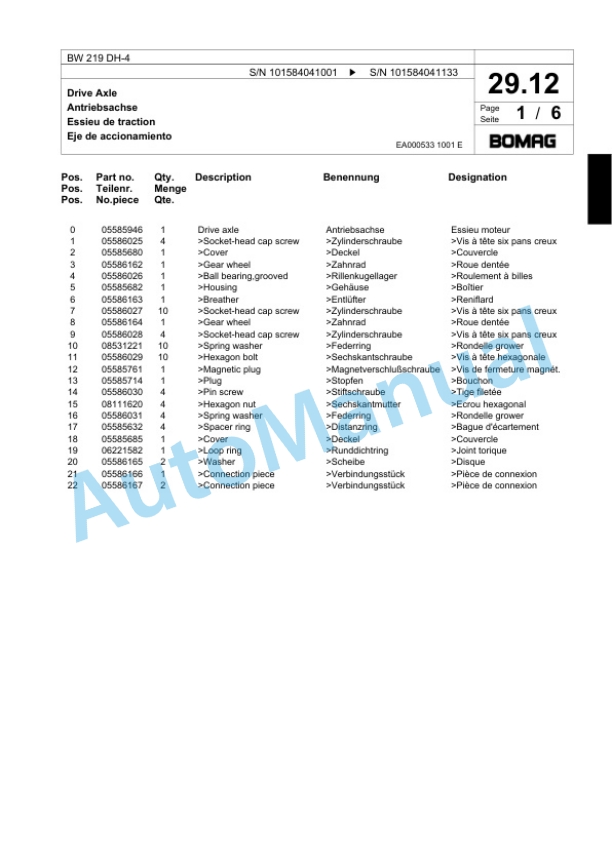 Bomag BW 219 DH-4 Single Drum Wheel Drive Vibratory Roller Spare Parts Catalogue 00818857 2 Bomag BW 219 DH-4 Single Drum Wheel Drive Vibratory Roller Spare Parts Catalogue 00818857-2