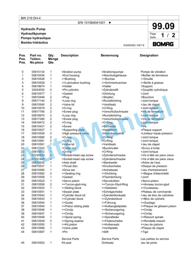 Bomag BW 219 DH-4 Single Drum Wheel Drive Vibratory Roller Spare Parts Catalogue 00818857 3 Bomag BW 219 DH-4 Single Drum Wheel Drive Vibratory Roller Spare Parts Catalogue 00818857-3