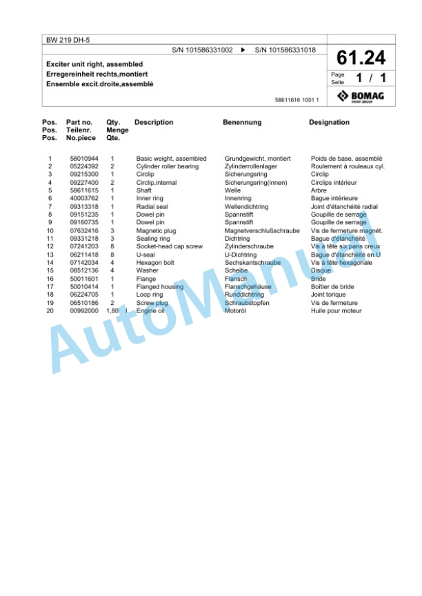 Bomag BW 219 DH-5 Single Drum Wheel Drive Vibratory Roller Spare Parts Catalogue 00824581 2 Bomag BW 219 DH-5 Single Drum Wheel Drive Vibratory Roller Spare Parts Catalogue 00824581-2