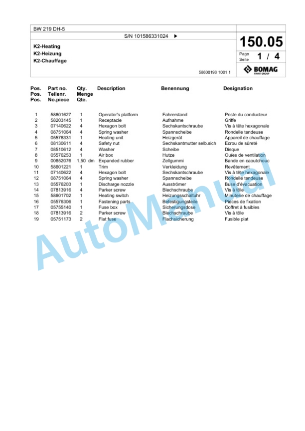 Bomag BW 219 DH-5 Single Drum Wheel Drive Vibratory Roller Spare Parts Catalogue 00824581 4 Bomag BW 219 DH-5 Single Drum Wheel Drive Vibratory Roller Spare Parts Catalogue 00824581-4