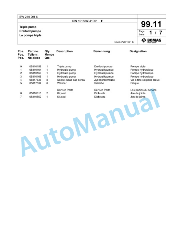 Bomag BW 219 DH-5 Single Drum Wheel Drive Vibratory Roller Spare Parts Catalogue 00824875 3 Bomag BW 219 DH-5 Single Drum Wheel Drive Vibratory Roller Spare Parts Catalogue 00824875-3