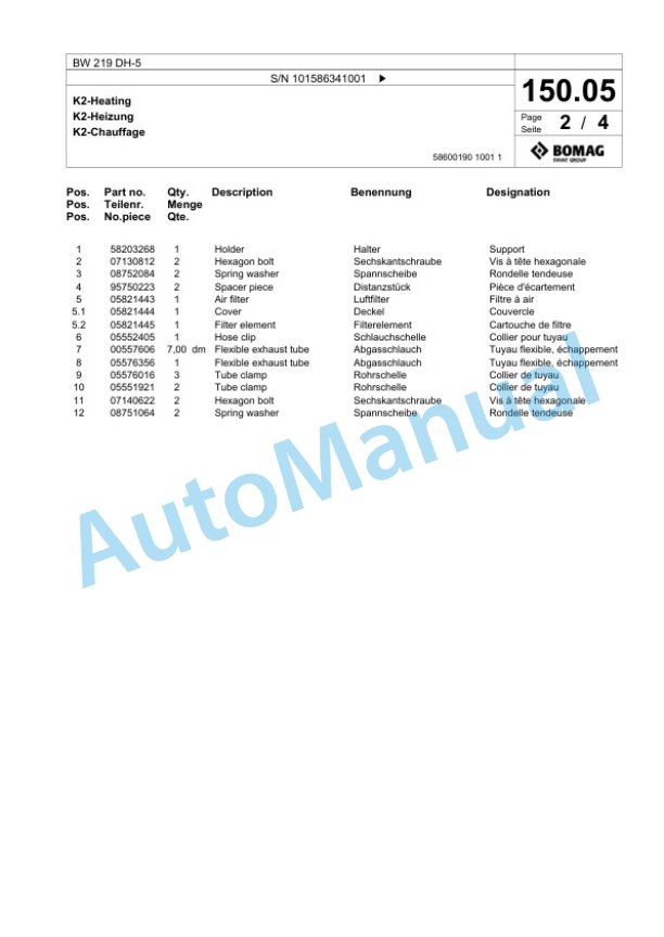 Bomag BW 219 DH-5 Single Drum Wheel Drive Vibratory Roller Spare Parts Catalogue 00824875 4 Bomag BW 219 DH-5 Single Drum Wheel Drive Vibratory Roller Spare Parts Catalogue 00824875-4