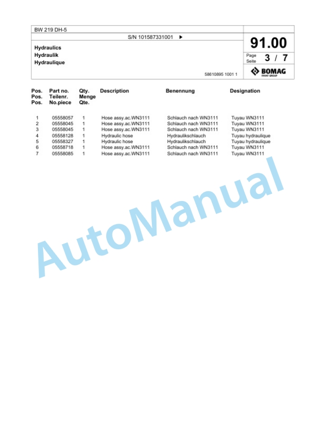 Bomag BW 219 DH-5 Single Drum Wheel Drive Vibratory Roller Spare Parts Catalogue 00825851 3 Bomag BW 219 DH-5 Single Drum Wheel Drive Vibratory Roller Spare Parts Catalogue 00825851-3