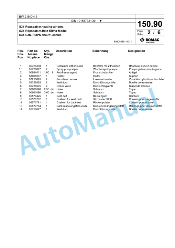 Bomag BW 219 DH-5 Single Drum Wheel Drive Vibratory Roller Spare Parts Catalogue 00825851 5 Bomag BW 219 DH-5 Single Drum Wheel Drive Vibratory Roller Spare Parts Catalogue 00825851-5