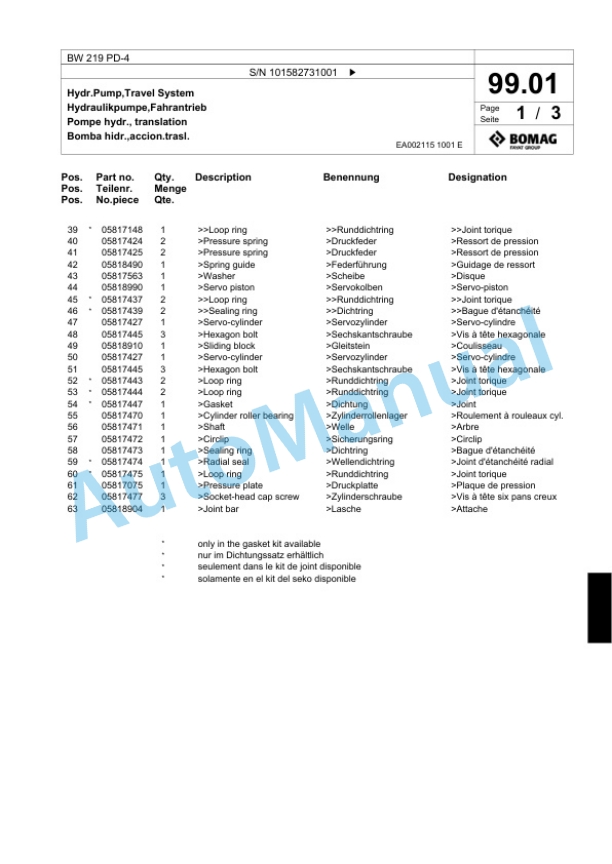 Bomag BW 219 PD-4 Single Drum Wheel Drive Vibratory Roller Spare Parts Catalogue 00817949 4 Bomag BW 219 PD-4 Single Drum Wheel Drive Vibratory Roller Spare Parts Catalogue 00817949-4