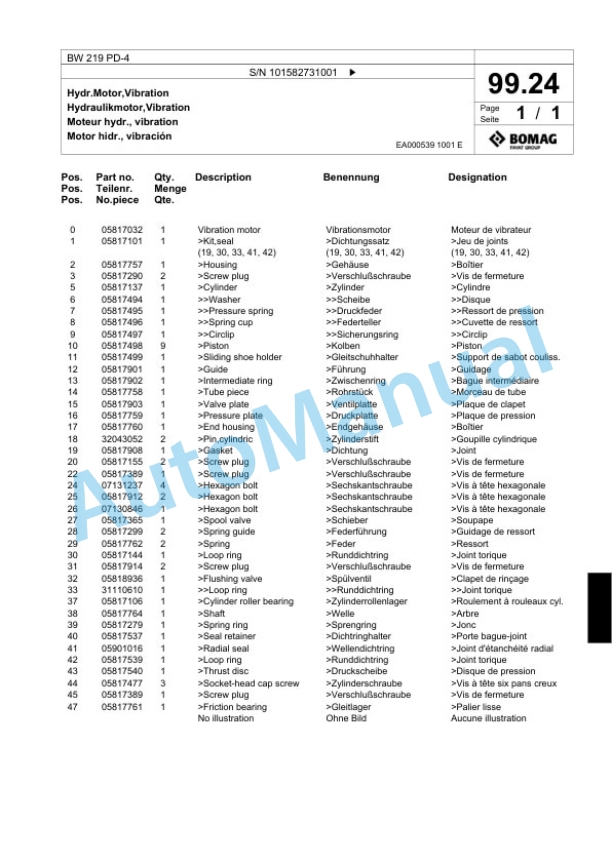 Bomag BW 219 PD-4 Single Drum Wheel Drive Vibratory Roller Spare Parts Catalogue 00817949 5 Bomag BW 219 PD-4 Single Drum Wheel Drive Vibratory Roller Spare Parts Catalogue 00817949-5