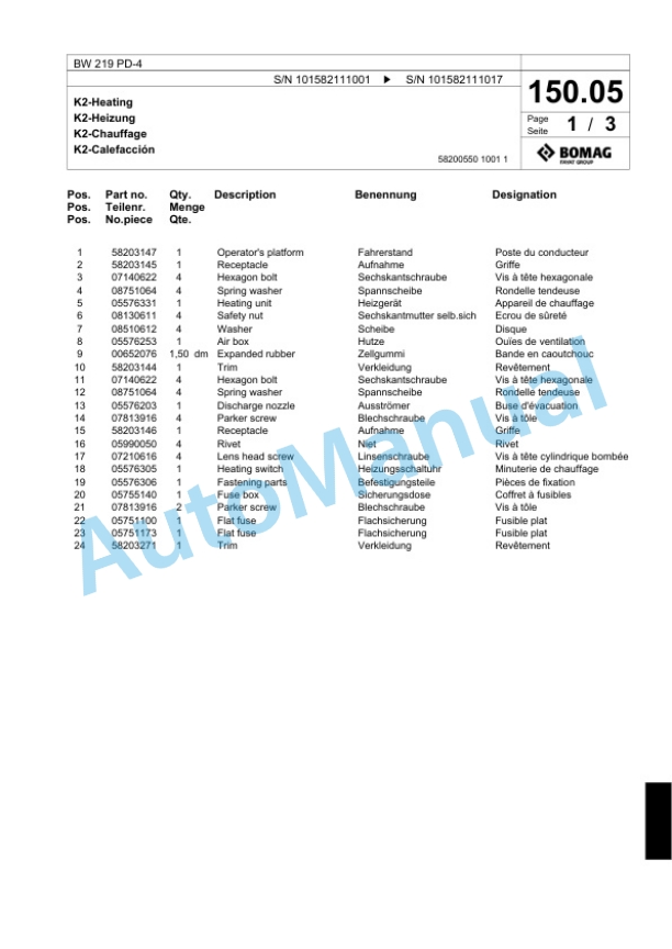 Bomag BW 219 PD-4 Single Drum Wheel Drive Vibratory Roller Spare Parts Catalogue 00818097-3