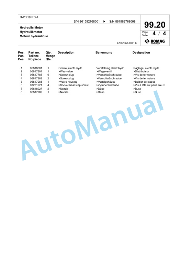 Bomag BW 219 PD-4 Single Drum Wheel Drive Vibratory Roller Spare Parts Catalogue 00818375 3 Bomag BW 219 PD-4 Single Drum Wheel Drive Vibratory Roller Spare Parts Catalogue 00818375-3