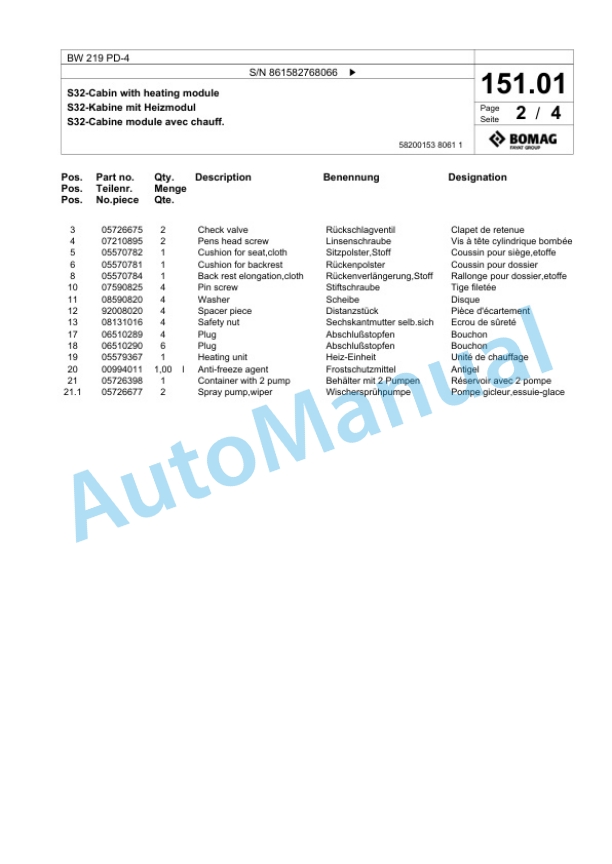 Bomag BW 219 PD-4 Single Drum Wheel Drive Vibratory Roller Spare Parts Catalogue 00818375 4 Bomag BW 219 PD-4 Single Drum Wheel Drive Vibratory Roller Spare Parts Catalogue 00818375-4