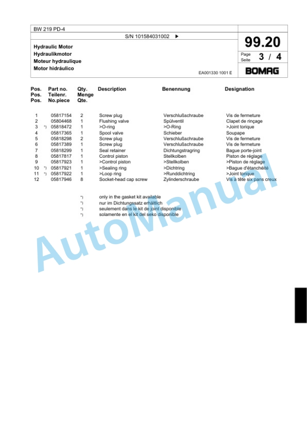 Bomag BW 219 PD-4 Single Drum Wheel Drive Vibratory Roller Spare Parts Catalogue 00818855 3 Bomag BW 219 PD-4 Single Drum Wheel Drive Vibratory Roller Spare Parts Catalogue 00818855-3