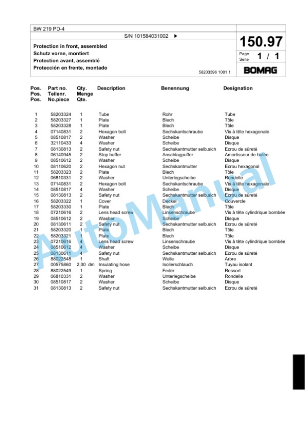 Bomag BW 219 PD-4 Single Drum Wheel Drive Vibratory Roller Spare Parts Catalogue 00818855 5 Bomag BW 219 PD-4 Single Drum Wheel Drive Vibratory Roller Spare Parts Catalogue 00818855-5