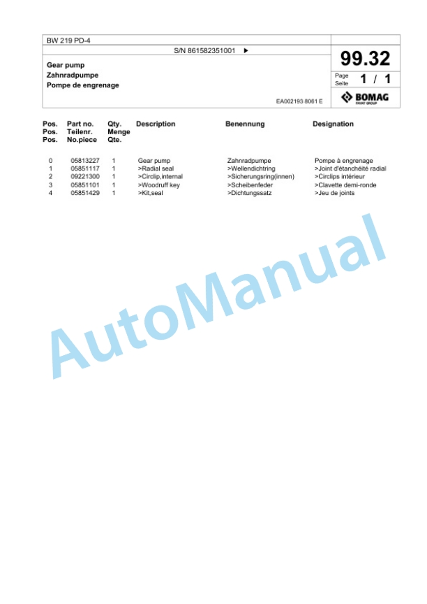 Bomag BW 219 PD-4 Single Drum Wheel Drive Vibratory Roller Spare Parts Catalogue 00824823 3 Bomag BW 219 PD-4 Single Drum Wheel Drive Vibratory Roller Spare Parts Catalogue 00824823-3