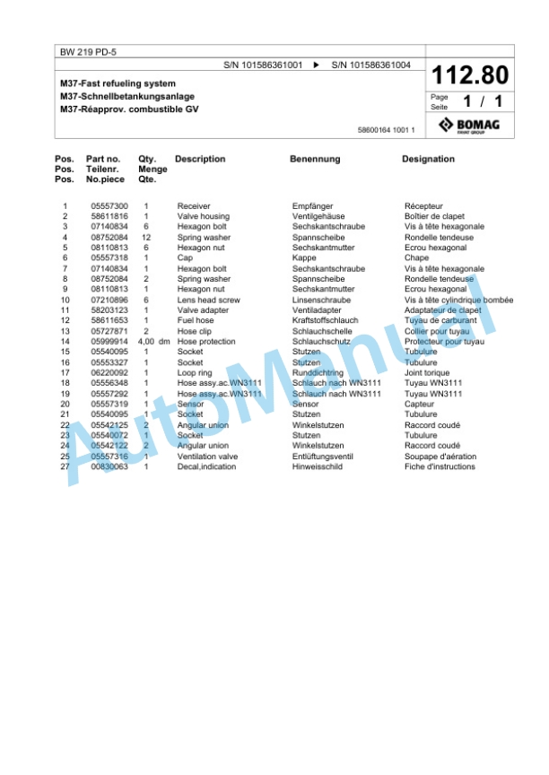 Bomag BW 219 PD-5 Single Drum Wheel Drive Vibratory Roller Spare Parts Catalogue 00824877 4 Bomag BW 219 PD-5 Single Drum Wheel Drive Vibratory Roller Spare Parts Catalogue 00824877-4