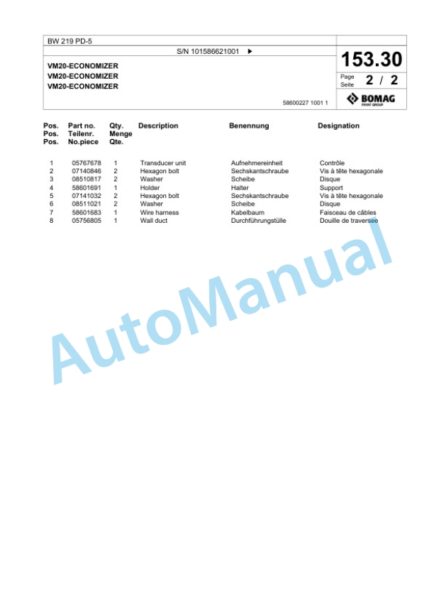 Bomag BW 219 PD-5 Single Drum Wheel Drive Vibratory Roller Spare Parts Catalogue 00825221 5 Bomag BW 219 PD-5 Single Drum Wheel Drive Vibratory Roller Spare Parts Catalogue 00825221-5