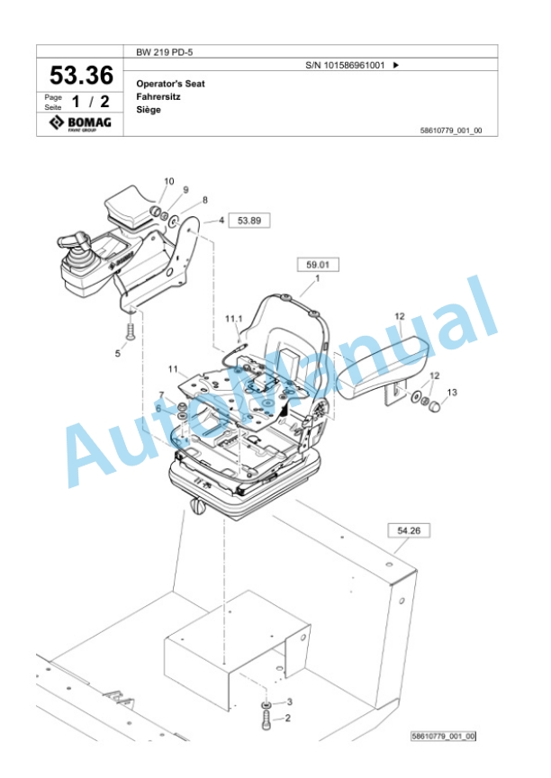 Bomag BW 219 PD-5 Single Drum Wheel Drive Vibratory Roller Spare Parts Catalogue 00825703 2 Bomag BW 219 PD-5 Single Drum Wheel Drive Vibratory Roller Spare Parts Catalogue 00825703-2