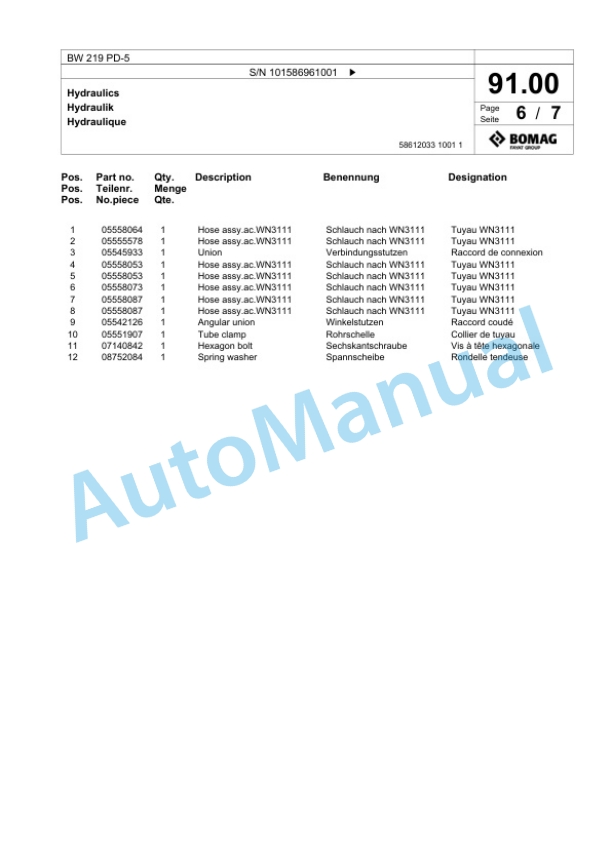 Bomag BW 219 PD-5 Single Drum Wheel Drive Vibratory Roller Spare Parts Catalogue 00825703 3 Bomag BW 219 PD-5 Single Drum Wheel Drive Vibratory Roller Spare Parts Catalogue 00825703-3