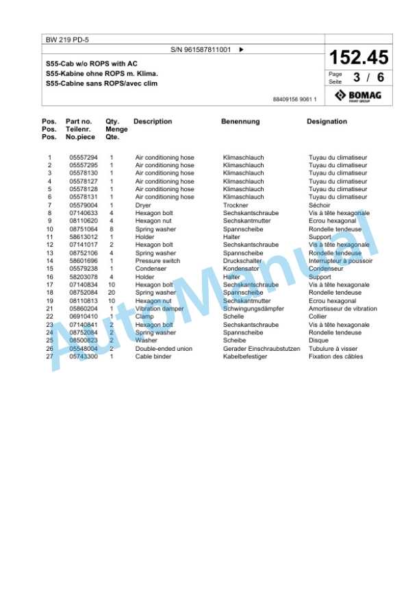 Bomag BW 219 PD-5 Single Drum Wheel Drive Vibratory Roller Spare Parts Catalogue 00826925 5 Bomag BW 219 PD-5 Single Drum Wheel Drive Vibratory Roller Spare Parts Catalogue 00826925-5