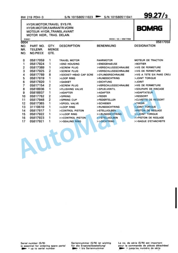 Bomag BW 219 PDH-3 Single Drum Wheel Drive Vibratory Roller Spare Parts Catalogue 00815351 3 Bomag BW 219 PDH-3 Single Drum Wheel Drive Vibratory Roller Spare Parts Catalogue 00815351-3