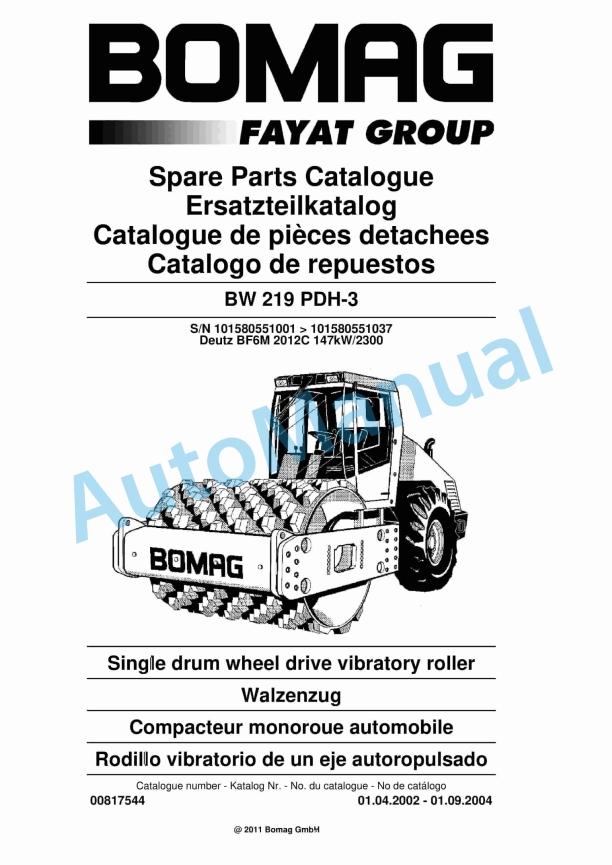 Bomag BW 219 PDH-3 Single Drum Wheel Drive Vibratory Roller Spare Parts Catalogue 00817544 1 Bomag BW 219 PDH-3 Single Drum Wheel Drive Vibratory Roller Spare Parts Catalogue 00817544