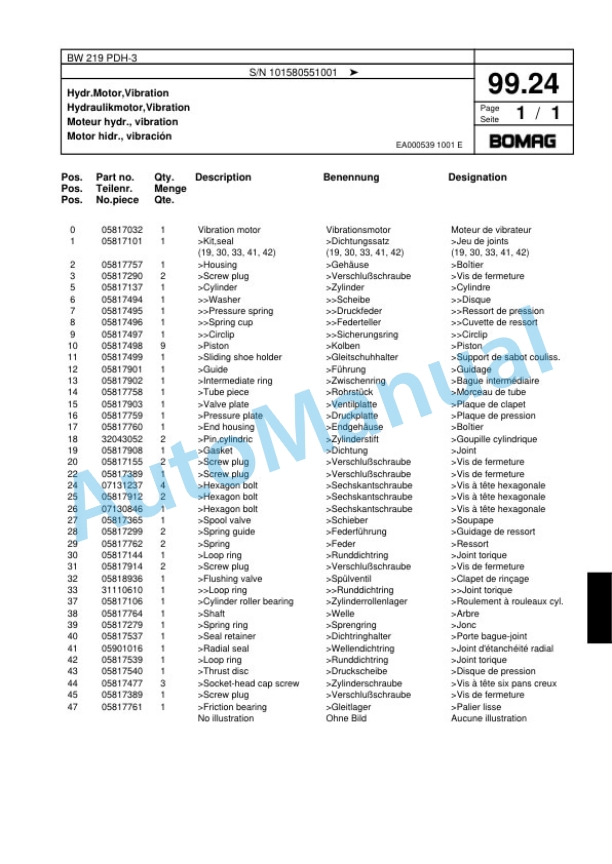 Bomag BW 219 PDH-3 Single Drum Wheel Drive Vibratory Roller Spare Parts Catalogue 00817544 3 Bomag BW 219 PDH-3 Single Drum Wheel Drive Vibratory Roller Spare Parts Catalogue 00817544-3