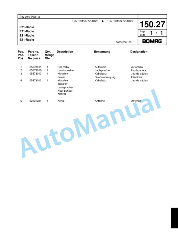 Bomag BW 219 PDH-3 Single Drum Wheel Drive Vibratory Roller Spare Parts Catalogue 00817544 5 Bomag BW 219 PDH-3 Single Drum Wheel Drive Vibratory Roller Spare Parts Catalogue 00817544-5
