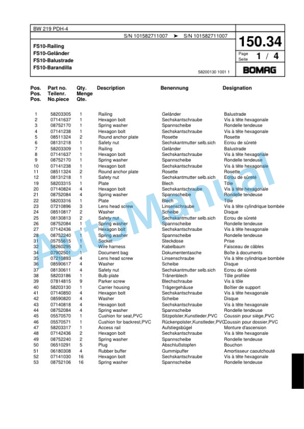 Bomag BW 219 PDH-4 Single Drum Wheel Drive Vibratory Roller Spare Parts Catalogue 00817807 4 Bomag BW 219 PDH-4 Single Drum Wheel Drive Vibratory Roller Spare Parts Catalogue 00817807-4